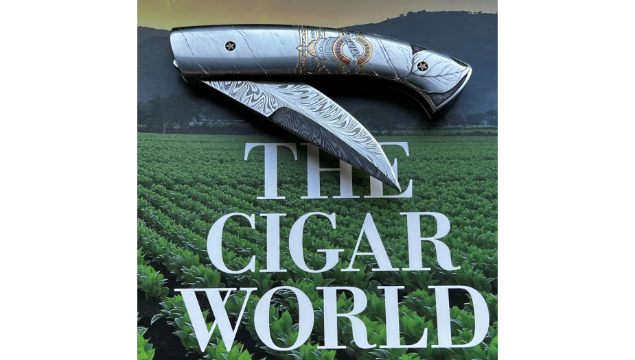 Couteau lame damas, gravé, univers du cigare Visuel 3