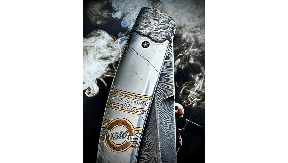 Couteau lame damas, gravé, univers du cigare Visuel 1